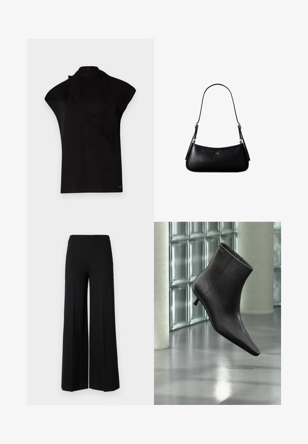 Top negro de cuello alto con mangas tipo farol, que presenta un diseño asimétrico y una larga corbata al cuello. Hecho de un tejido suave con un aspecto minimalista.; Pantalones de pierna ancha negros con una textura suave, que presentan una cinturilla alta y sin cierres visibles. Diseño simple y limpio.; Bota de cuero negro para el tobillo con puntera puntiaguda y tacón pequeño, exhibida frente a una pared de bloques de vidrio y un suelo pulido.; Mini bolso negro de cuero para hombro con correa delgada y pequeño logo dorado CK en el centro frontal.