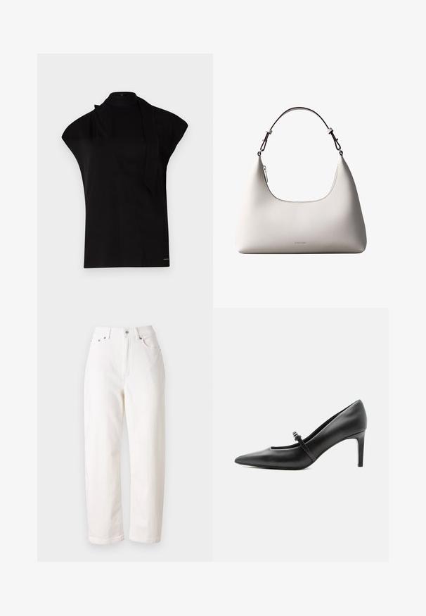 Top noir à col montant avec manches courtes, présentant un design asymétrique et une longue cravate. Fabriqué en tissu lisse au look minimaliste.; Jean en denim blanc avec une coupe droite, taille haute, fermeture éclair et bouton métallique. Comprend cinq poches et une couture discrète.; Escarpin noir en cuir à bout pointu avec une fine bride et une boucle sur le cou-de-pied, posé sur un fond clair neutre.; Sac à bandoulière en cuir couleur crème de Calvin Klein avec bord supérieur incurvé, fermeture éclair argentée et sangle ajustable brun foncé.
