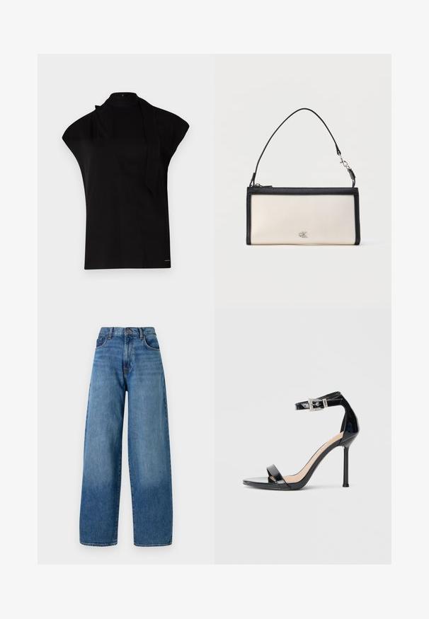 Sort, højhalset top med korte ærmer, der har et asymmetrisk design og et langt halsbånd. Lavet af glat stof med et minimalistisk udtryk.; Bredde ben blå denimjeans med et klassisk fem-lomme design. Har en knaplukning og let falmning for tekstur.; Sort højhælet sandal i laklæder med ankelrem. Har minimalistisk design, åben tå og spænde med rhinsten-detaljer.; Rektangulær kremfarvet clutch med sort kant og håndtag, med en lille sølvfarvet "cK" logo i midten foran.