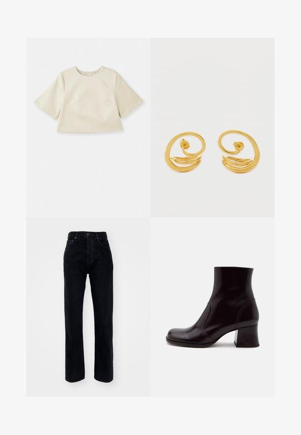 Cremefarvet cropped top lavet af glat materiale, med korte ærmer, rund halsudskæring og subtile syninger.; Sorte denim jeans med høj talje og lige ben, der har fem lommer, bæltestropper og en knaplukning i taljen.; Blank mørkebrun ankelstøvle med blokhæl, rund tå og glat læderfinish, vist i sideprofil på hvid baggrund.; Gyldne øreringe i hoop-design med et spiralformet mønster, glatte og skinnende overflader samt et enkelt, moderne udseende.