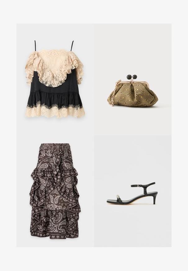 Robe mini noire avec des volants en dentelle beige sur les manches, le décolleté et l'ourlet, avec de fines bretelles noires.; Jupe marron avec motifs paisley et floraux blancs, volants superposés et nœud à l'avant à la taille.; Sandale noire en cuir à talon avec bride à la cheville, bout ouvert, devant carré et accent en métal argenté. Design ajusté avec un profil élégant.; Petite pochette avec motif géométrique doré et noir, cadre en métal doré, fermeture à boule noire et une courte chaîne dorée.