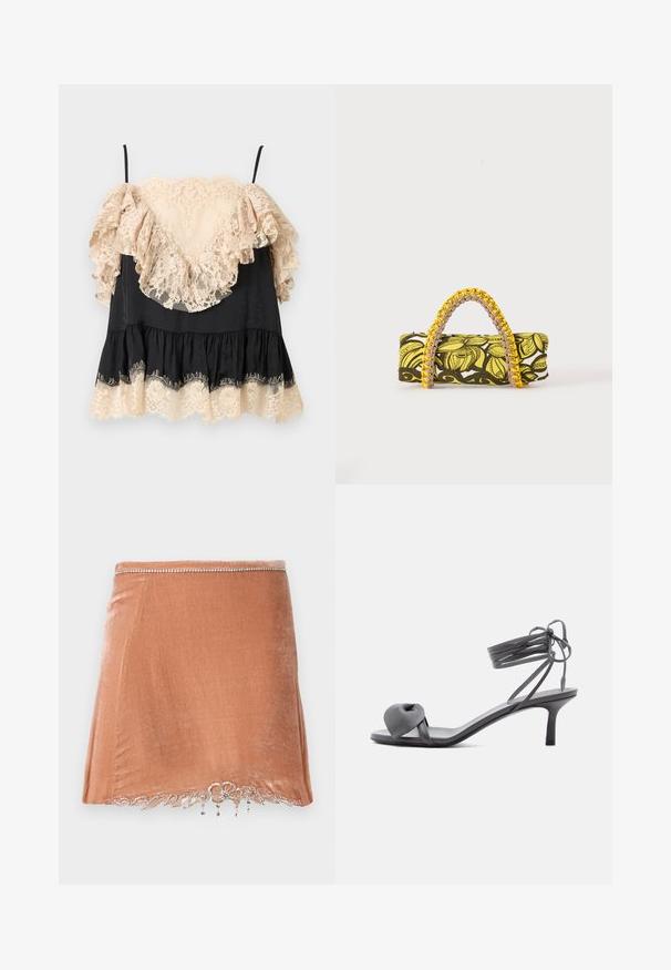 Vestido mini negro con volantes de encaje beige en las mangas, el escote y el bajo, con finas tiras negras en los hombros.; Rabanne Minifalda - pink; Sandalia de tacón de cuero gris con tira anudada en los dedos y cordones que se envuelven alrededor del tobillo, sobre un tacón delgado de altura media, sobre fondo blanco.; Bolsa rectangular con patrón floral en amarillo y negro y asa trenzada amarilla y rosa sobre fondo blanco.