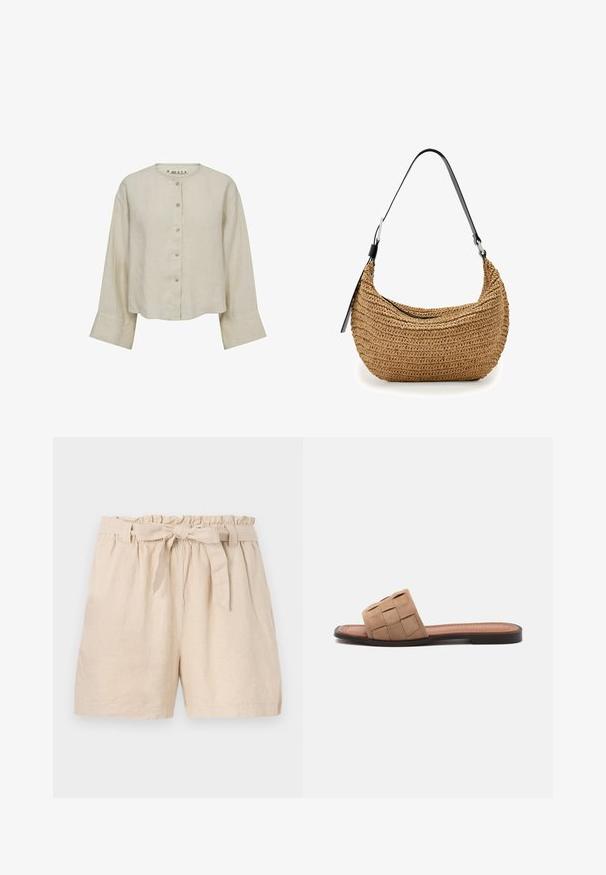 Blusa beige de lino de manga larga con escote redondo y seis botones delanteros, corte holgado con puños anchos.; Pantalones cortos de lino beige con una cintura elástica, dobladillo con volantes y un cinturón atado desmontable. Presentan un corte relajado y un tejido suave y texturizado.; Sandalia plana con tiras marrones trenzadas, suela negra y plantilla acolchada sobre un fondo gris claro.; Pequeño bolso de hombro marrón tejido con correa ajustable negra y cierre de cremallera, exhibido sobre fondo blanco.
