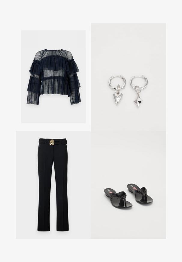 Blusa azul marino transparente de manga larga con volantes en capas y tejido de malla con lunares, escote redondo y ajuste holgado.; Pantalones negros a medida con una silueta elegante, que cuentan con un cinturón ancho y una hebilla decorativa metálica. Tejido liso, diseño de pierna recta.; Melissa QUANTUM THONG X DIESEL - Sandalias de dedo - black; Pendientes de aro de plata que presentan un corazón y un colgante en forma de diamante. Textura suave con un acabado pulido.