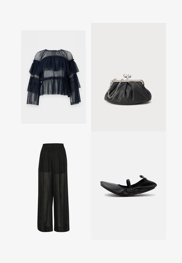 Transparente dunkelblaue Langarmbluse mit abgestuften Volants und gepunktetem Mesh-Stoff, rundem Ausschnitt und lockerem Schnitt.; Schwarze weit geschnittene Hose aus transparentem Stoff, mit einem elastischen Bund und einem Kordelzug für eine verstellbare Passform und einer glatten Textur.; Schwarzer gefalteter Leder-Ballettflachschuh mit einem einzelnen Riemen und silberner Schnalle auf einfarbig hellem Hintergrund.; Schwarze Leder-Clutch mit geraffter Textur, silberfarbener Metallrahmen, Druckverschluss und Kettenriemen. Glatte, weiche Oberfläche.