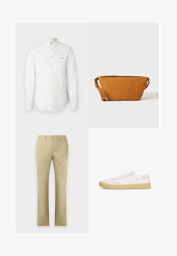 Weißes Hemd mit langen Ärmeln, klassischem Kragen, orangefarbenen Knöpfen und einem kleinen gestickten Logo auf der Brust. Glatter Baumwollstoff.; Beige Hosen mit flachem Frontdesign, Knopfverschluss und geradem Bein. Hergestellt aus glattem Stoff mit minimal sichtbaren Nähten.; Weiße Sneaker aus Leder und Wildleder, mit einem Schnürdesign, einer hellbraunen Gummisohle und einem kleinen Logo an der Seite.; Hellbraune Leder-Umhängetasche mit verstellbarem Schulterriemen und Reißverschluss, vor einem schlichten hellen Hintergrund gezeigt.