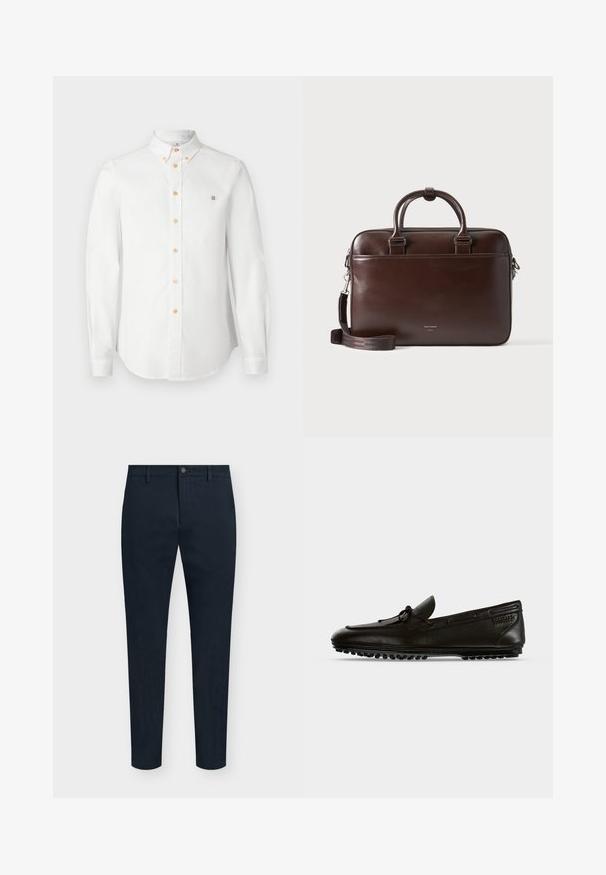 Hvid skjorte med knapper, lange ærmer, klassisk krave, orange knapper og et lille broderet logo på brystet. Glat bomuldsstof.; Marineblå, slim fit herrebukser med frontknap og lynlås, bæltestropper og minimalistisk design.; Sort læder kørselsslipper med sløjfe detaljer på toppen og gummisål med små runde knopper, vist fra siden på ensfarvet baggrund.; Mørkebrunt lædermappe med dobbelthåndtag og aftagelig skulderrem, rektangulær form, glat tekstur og forlomme.
