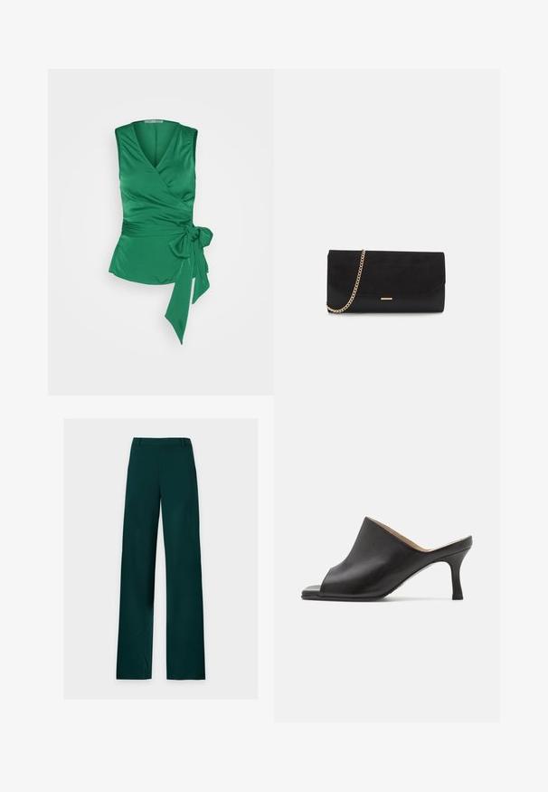 Anna Field by Zalando Débardeur - green; Pantalon vert foncé à jambes droites, passants de ceinture, fermeture éclair à l'avant et jambes larges, posé à plat sur un fond blanc.; Selected ASHLEY - Mules à talons - black; Porte-monnaie noir en daim avec une finition texturée, doté d'une chaîne dorée et d'un design épuré et angulaire.