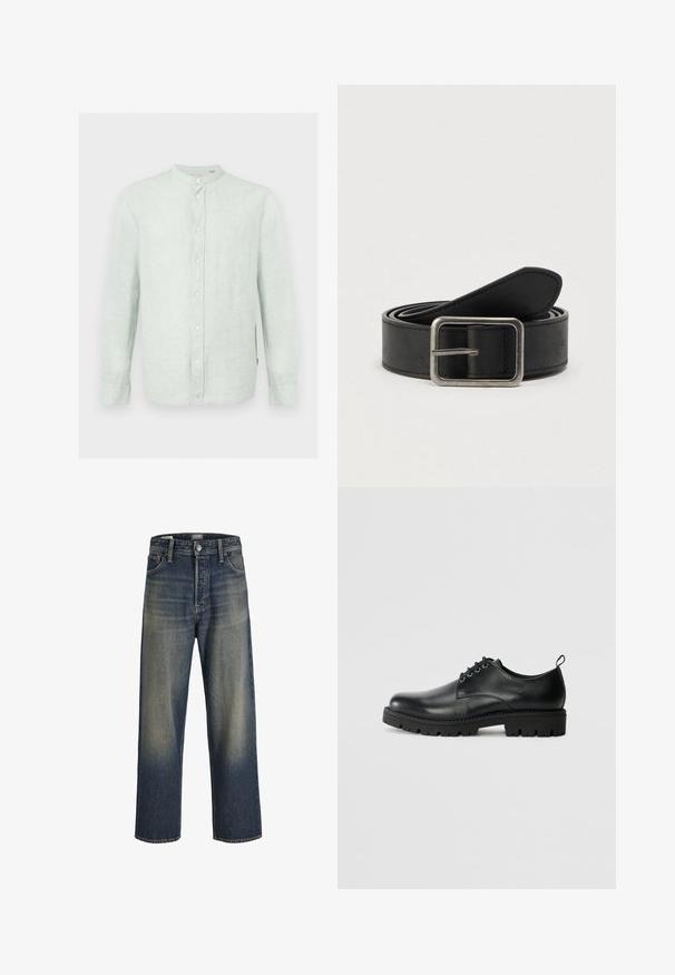 Lysegrøn langærmet skjorte med mandarinhals og knaplukning foran, vist mod en hvid baggrund.; Bredde ben jeans i mørkeblå denim med en gradient finish, der har en knaplukning, fem lomme-design og strukturerede syninger.; Sort læder sko med en rund tå, der har snørelukning, solid sort gummisål og en lille hælflap bagpå.; Sort læderbælte med en sølvfarvet metalspænde, der har en glat tekstur og et enkelt, klassisk design.