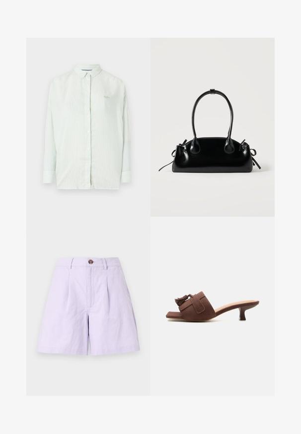 Chemise à rayures vert clair avec col, manches longues et logo de la marque discret sur la poitrine ; fabriquée à partir d'un tissu lisse.; Shorts lilas en tissu léger avec un devant plissé, une fermeture à bouton, des passants de ceinture et des poches latérales. Finitions nettes et design classique.; Mule en daim marron avec talon kitten de hauteur moyenne, bout carré, et détail de pompon sur la large sangle traversant le pied.; Petit sac à main noir brillant avec deux longues anses et des détails à cordon sur les côtés sur un fond clair uni.