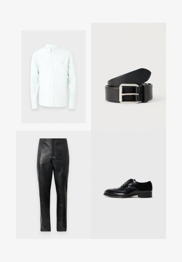Chemise bleu clair à manches longues avec col et petit logo renard brodé sur le côté gauche de la poitrine.; Pantalons en cuir synthétique noir avec une texture crocodile subtile, coupe droite et taille haute, présentés sur un fond blanc uni.; Chaussure de ville en cuir noir avec une finition polie, bout rond, design à lacets et un petit talon empilé, présentant un détail de couture subtil.; Ceinture en cuir noir à texture lisse, boucle en métal argenté, et design épuré et simple. Comprend des trous pour un ajustement réglable.
