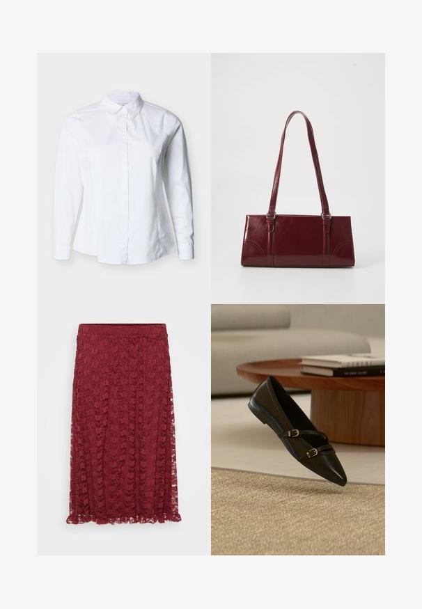 Witte blouse met lange mouwen, knoopsluiting, scherpe kraag en getailleerde taille, afgebeeld tegen een lichte achtergrond.; Bordeaux kanten rok met bloemmotief, semi-doorzichtig stof en een gerimpelde zoom. Een stretch tailleband biedt comfort en flexibiliteit.; Zwarte platte schoen met puntige neus en twee dunne gespspanners die boven een beige tapijt zweven, met een houten salontafel en boeken op de achtergrond.; Bourgondische handtas van glanzend materiaal, rechthoekige vorm, met twee schouderbanden en subtiele gebogen accenten aan de voorkant.