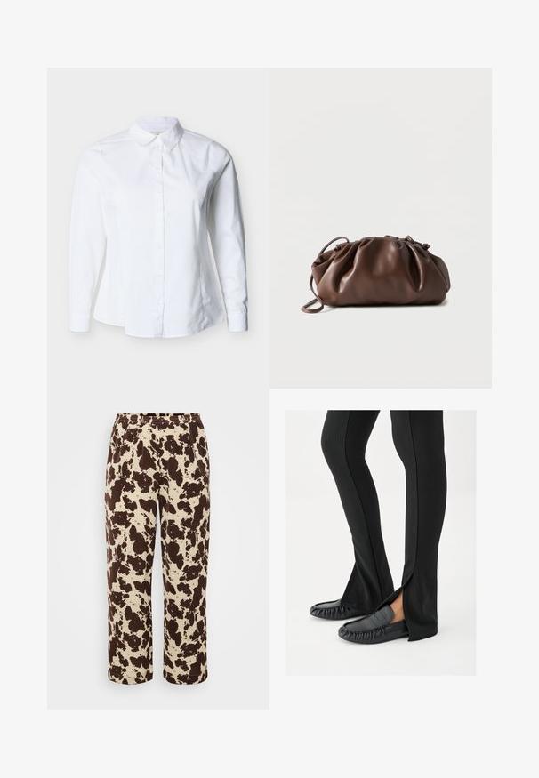 Witte blouse met lange mouwen, knoopsluiting, scherpe kraag en getailleerde taille, afgebeeld tegen een lichte achtergrond.; Bruine en roomkleurige geprinte sweatpants met een elastische tailleband en een rechte pijpdesign, gemaakt van een zachte, lichte stof.; Benen met zwarte wijde broeken met zijopeningen, gecombineerd met zwarte leren mocassins, op een witte achtergrond.; Zachte bruine leren tas met samengevouwen bovenkant en smalle riem, liggend op een witte achtergrond.