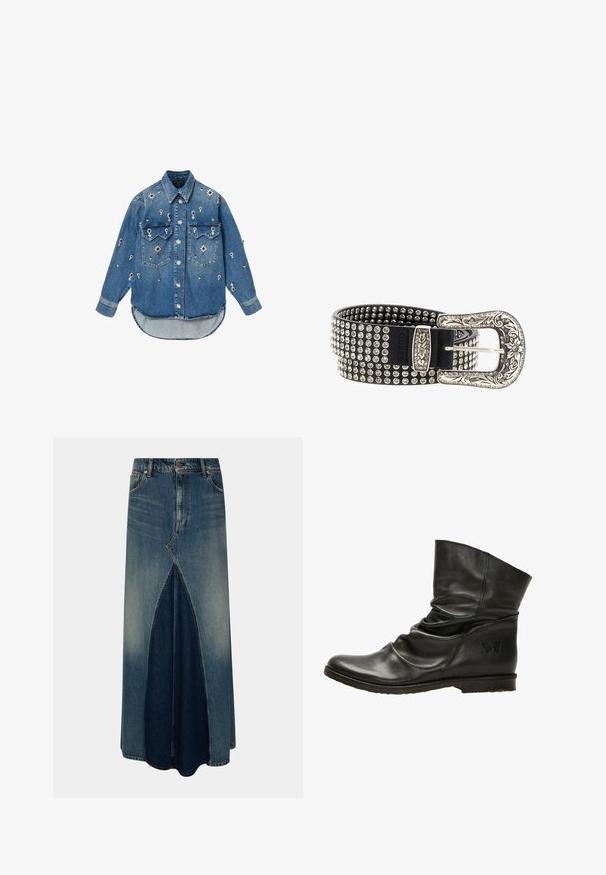 Lyseblå denimskjorte med lange ærmer, to brystlommer og blomsterudsmykninger. Buet kant, knappelukning foran og spids krave.; Blå denim maxi nederdel med frontinverteret plissé, bæltesløjfer, knap- og lynlåslukning samt lysvasket detaljer.; Sort læder ankelstøvle med slouch-design, afrundet tå og flad sål. Har en diskret sommerfugl-log på siden. Glat tekstur.; Sort bælte med sølvfarvede nitter, der har en dekorativ, udsmykket spænde og læderlignende overflade. Brandlogoet er synligt på remmen.