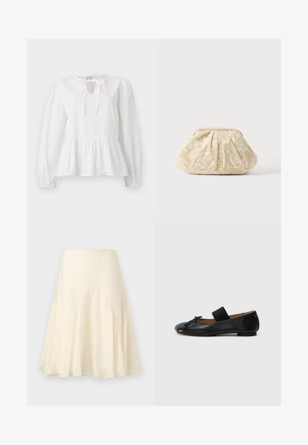 Blouse en coton blanc à manches longues, avec un détail de nœud au col et un ourlet peplum froncé. Texture douce avec une coupe décontractée.; Jupe midi couleur crème avec un ourlet évasé et un tissu lisse et léger sur fond clair uni.; Ballerines en cuir noir avec un bout arrondi, un petit nœud décoratif et une lanière élastique sur le cou-de-pied pour un maintien sécurisé. Semelle plate.; Pochette en tissu couleur crème avec superposition de dentelle florale et fermeture supérieure froncée sur fond clair uni.