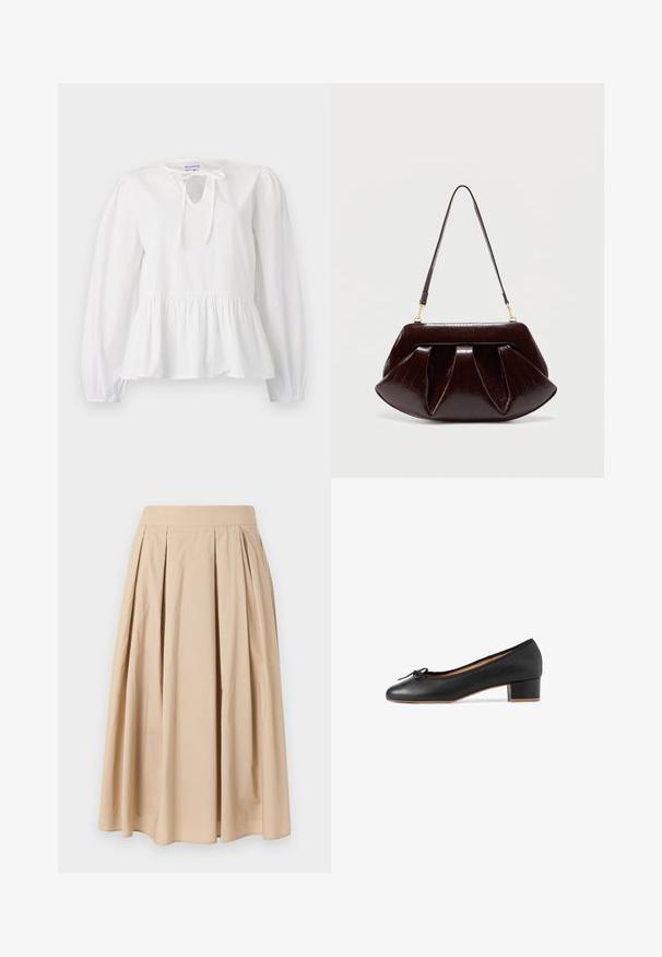 Blouse en coton blanc à manches longues, avec un détail de nœud au col et un ourlet peplum froncé. Texture douce avec une coupe décontractée.; Jupe plissée beige, longueur au genou, avec une large ceinture, réalisée en tissu léger, présentée sur un fond blanc uni.; Ballerines en cuir noir avec un bout arrondi, un petit talon bloque et une bordure en tissu. Présente un nœud décoratif sur la zone des orteils.; Sac à main en cuir marron foncé avec plis froncés, ferrures dorées et une seule bandoulière, sur un fond clair uni.