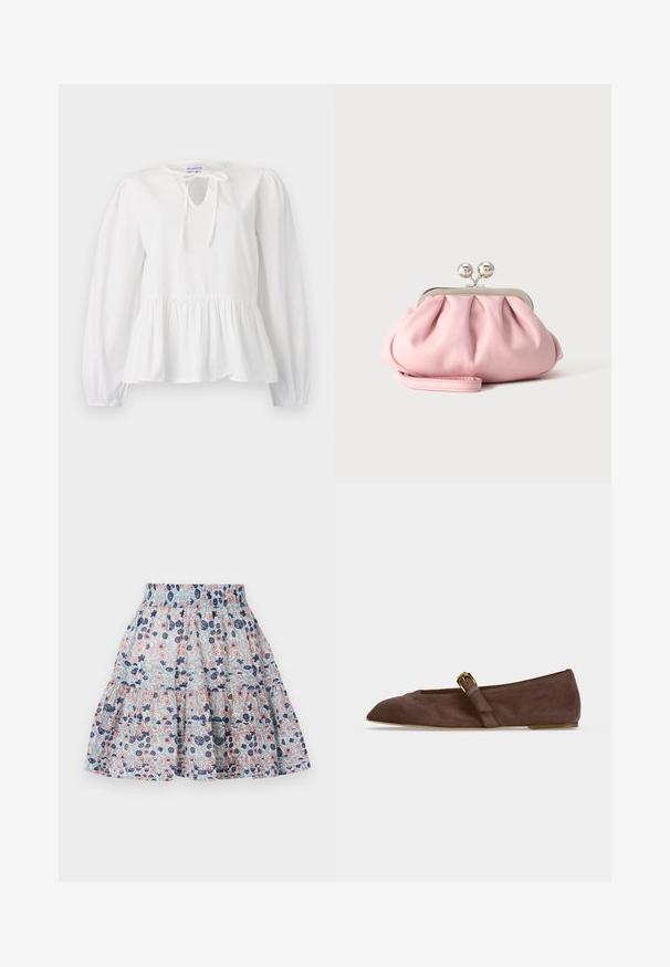 Hvid bomuldsbluse med lange ærmer, bånddetalje ved udskæringen og samlet peplumkant. Blød tekstur med en afslappet pasform.; Blomstret nederdel i lyseblå, med pink og marineblå blomster. Lagdelt design med elastisk talje og blødt, struktureret stof.; Brun ruskind flad sko med spids tå og guldbeslået rem på siden, vist i profil mod hvid baggrund.; Lille blød lyserød clutchpung med sølvfarvet metalramme og rund lås, hvilende på en flad lys overflade med håndledsrem foldet foran.