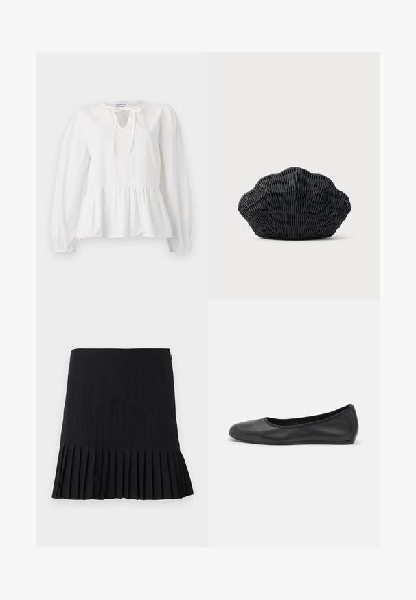 Blouse en coton blanc à manches longues, avec un détail de nœud au col et un ourlet peplum froncé. Texture douce avec une coupe décontractée.; Jupe plissée noire avec des panneaux diagonaux cousus, une taille cintrée et un ourlet évasé. Les matériaux semblent légers et lisses.; Ballerines en cuir noir avec un bout rond, texture lisse, détails de couture minimalistes et design de semelle flexible.; Sac à main en osier noir en forme de coquille Saint-Jacques avec un dessus courbé et une texture tressée sur un fond uni.