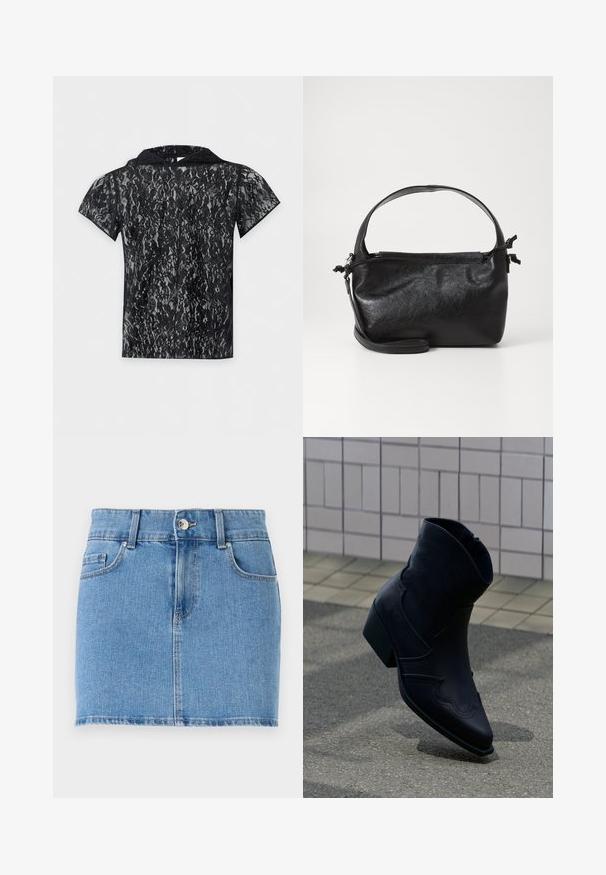 Mustast lühikeste varrukatega pitsist top lillemustriga, poolläbipaistev kangas ja krae, esitletud tagant valgel taustal.; Heledan denim mini seelik helesinis. Omab kitsast disaini, viit taskut, nööbiga kinnitust ning sirget äärt, millel on kerge kulumine.; Mustast nahast pahkluuking madala kontsaga, dekoratiivse õmbluse ja terava ninaga, püsti asetatud kivitatud pinnal plaaditud seina kõrval.; Must mustrikujundusega must nahast käekott, ümarate pealmiste käepidemete ja eemaldatava õlalihaga. Omab siledat tekstuuri ja peent sära.