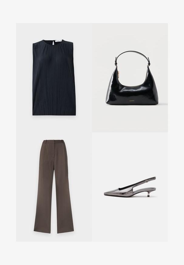 Top negro sin mangas con cuello redondo y espalda con abertura en forma de llave. Presenta pliegues verticales para dar textura. Fabricado con un tejido suave y con un ligero brillo.; Pantalones de pierna ancha en una tela marrón sólida, con una textura suave, lazos para cinturón, pliegue frontal y sin bolsillos visibles.; Zapato slingback gris metálico con punta puntiaguda, tacón bajo tipo kitten y correa ajustable sobre fondo blanco.; Bolso negro brillante de Calvin Klein con cremallera dorada y correa corta sobre un fondo blanco liso.