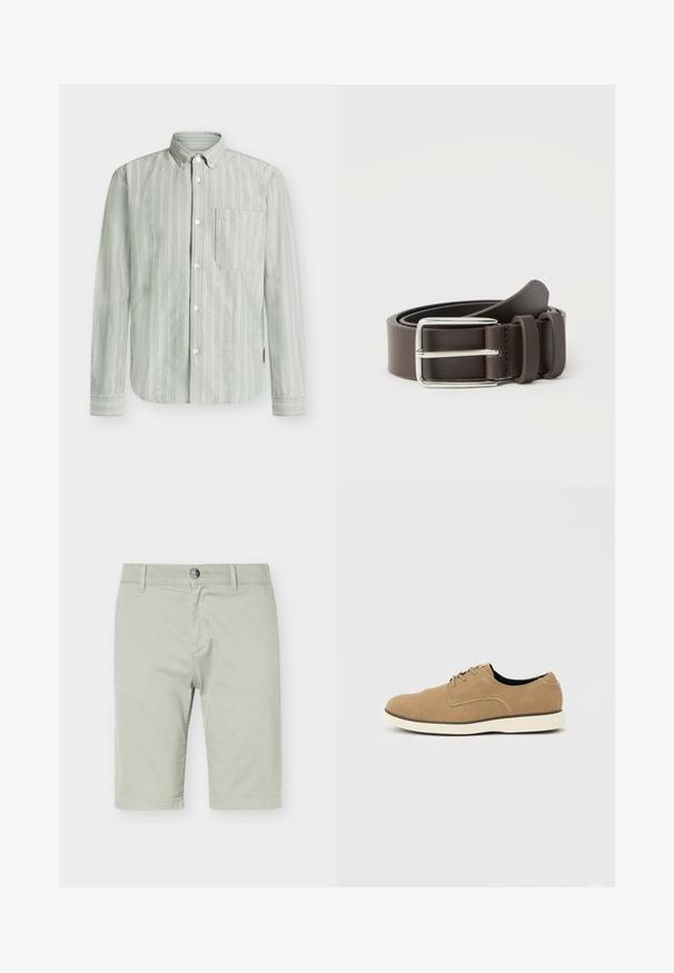Chemise boutonnée verte rayée en tissu léger, dotée d'une poche poitrine unique et de rayures blanches verticales avec des poignets à boutons.; Shorts gris clair longueur genou avec fermeture à bouton et zip, passants de ceinture et poches avant, présenté sur un fond blanc uni.; Chaussure à lacets en daim marron clair avec semelle blanche et coupe basse à la cheville, vue de profil sur un fond neutre.; Ceinture en cuir marron avec une boucle en métal argenté, présentant une texture lisse et un design simple. Comprend une boucle pour l'ajustement et la fixation.