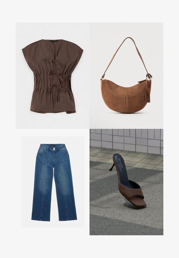 Blouse marron à manches courtes avec col en V, comportant trois liens à nouer à l'avant et des côtés élastiqués froncés pour une taille cintrée.; Jean en denim bleu à taille haute et jambes larges, avec deux boutons, des poches avant et des coutures contrastées à l'avant.; Mule marron à talon haut et bout ouvert avec le nom de la marque « RAID » sur la semelle intérieure, posée sur l'asphalte près d'un mur carrelé.; Sac à main en daim marron de forme courbée en demi-lune. Il est doté d'une bandoulière, d'une petite étiquette et de coutures visibles le long des bords.
