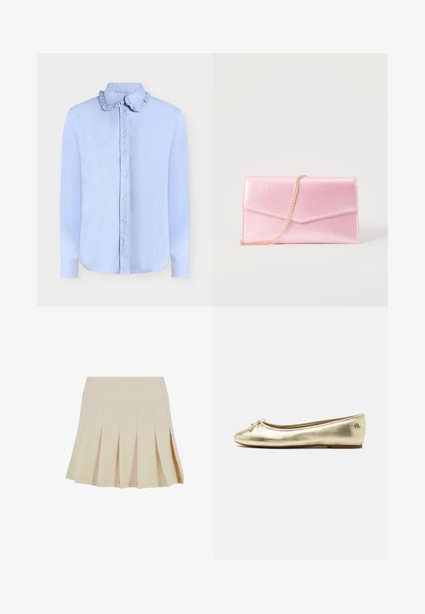 Lichtblauwe blouse met lange mouwen, een gerimpelde kraag en knopen aan de voorkant op een egale achtergrond.; Beige geplisseerde rok met een aangesloten tailleband, gemaakt van een gladde stof. Kenmerkt zich door meerdere verticale plooien en een rechte zoom.; Metalen gouden ballonballetje met een klein strikje en metalen label op de teen, platte zool en een klein metalen RL-logo op de hiel.; Lichtroze rechthoekige clutch met envelopflap en een dun gouden schouderriempje tegen een effen achtergrond.