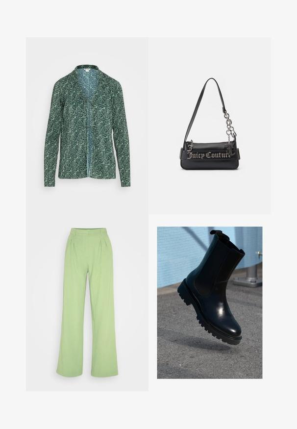Monki Bluse - green medium; Envii LINE PANTS - Bukser - tendril; Sort ankelstøvle i læder med elastiske sidepaneler, rund tå og en tyk, tekstureret sål. Glat finish med et minimalistisk design.; Sort håndtaske lavet af tekstureret syntetisk materiale. Har en kædestrop og sølv "Juicy Couture" logoet fremtrædende vist på forsiden.