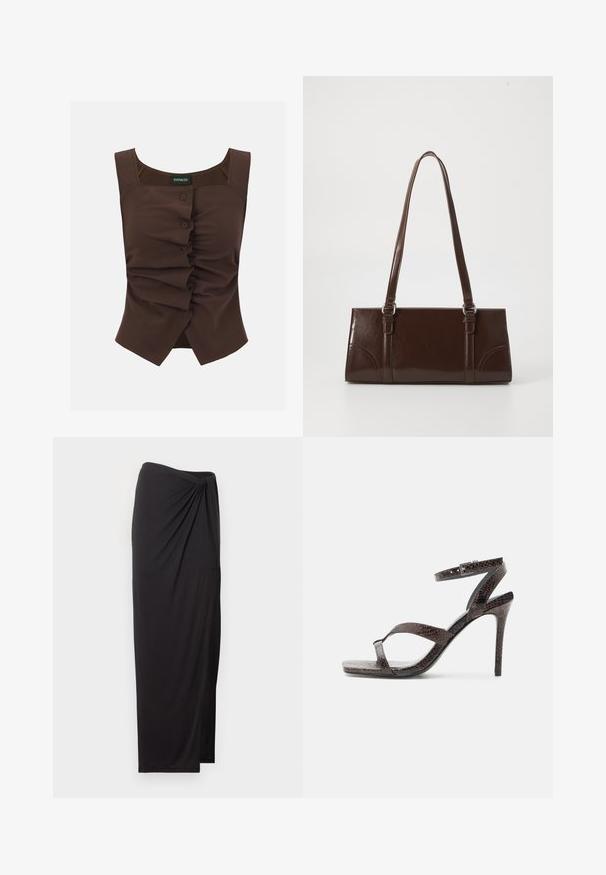 Blouse marron sans manches avec encolure carrée et boutons sur le devant créant un détail froncé et asymétrique au centre.; Jupe longue taille haute noire avec détail drapé sur un côté et une fente latérale, en tissu léger.; Sandale à talon haut marron foncé avec fines lanières, boucle à la cheville et motif texturé en peau de serpent sur fond blanc.; Sac à main en cuir verni marron de forme rectangulaire, avec deux longues poignées et des accents courbés subtils à l'avant.