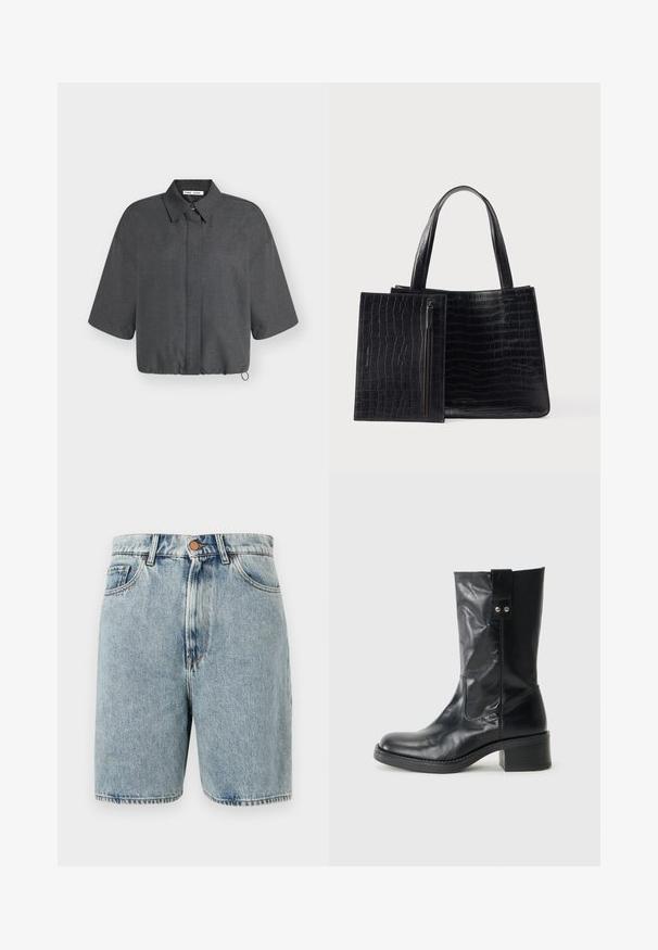 Donkergrijs cropped shirt met korte brede mouwen, kraag en knoopsluiting, getoond tegen een effen lichte achtergrond.; Lichtblauwe denim shorts met knoop aan de voorkant, rits, riemlussen en zij- en voorzakken tegen een witte achtergrond.; Zwarte leren enkellaars met een ronde neus, een bescheiden gestapelde hak en een decoratieve zijtab. Het materiaal heeft een strakke, gepolijste afwerking.; Zwarte draagtas met krokodillenpatroon, voorzien van een gladde textuur en twee stevige handvatten. Inclusief een afneembare etui met ritssluiting.