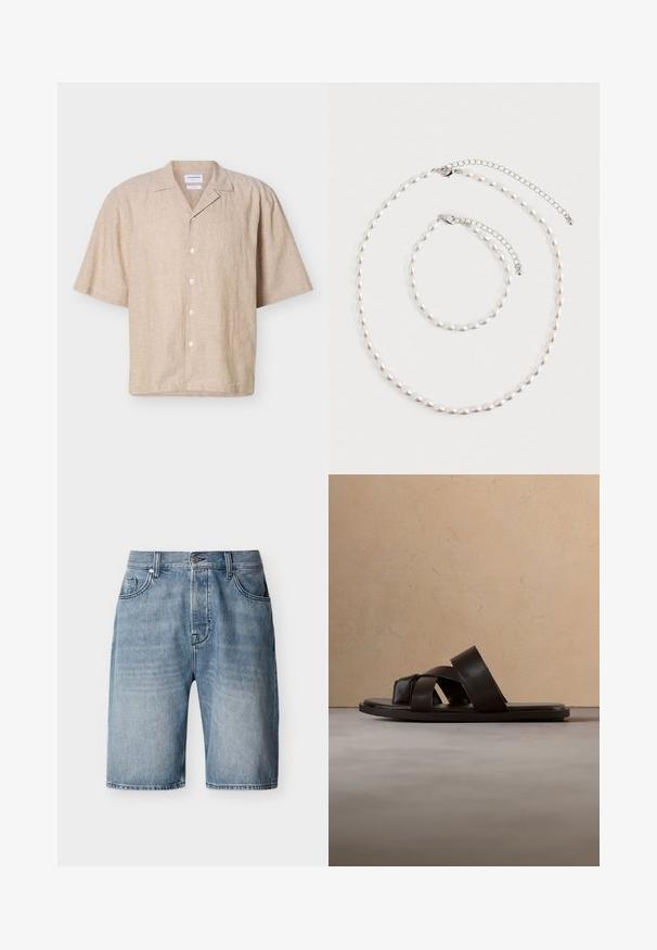 Beige kortærmet linnedskjorte med lejrhals og fem hvide knapper foran.; Lyseblå denimshorts med forlommer og møntlomme, knaplukning og bæltestropper, vist mod en hvid baggrund.; Sort lædersandal med tre krydsede stropper, flad sål og glat tekstur, hængende over et vævet naturskinds tæppe.; Perle halskæde og matchende armbånd med sølv kæde låse arrangeret på en hvid baggrund.