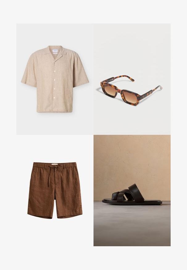 Camisa beige de lino de manga corta con cuello campestre y cinco botones blancos en la parte delantera.; Pantalones cortos de lino marrón con cintura elástica, cordón ajustable, trabillas para cinturón y bolsillos laterales.; Sandalia deslizante de cuero negro con tres tiras cruzadas, suela plana y textura suave, suspendida sobre una alfombra de fibra natural tejida.; Gafas de sol rectangulares con estampado de carey y lentes marrones degradadas, reposando sobre una superficie clara.