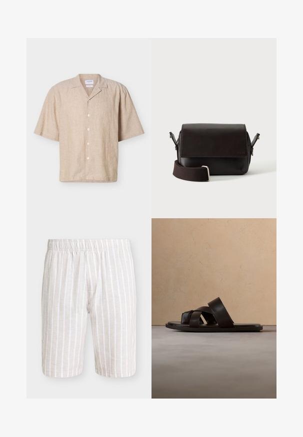 Camisa beige de lino de manga corta con cuello campestre y cinco botones blancos en la parte delantera.; Pantalones cortos para hombre a rayas verticales en beige y blanco, con cintura elástica y bragueta frontal, exhibidos sobre un fondo liso.; Sandalia deslizante de cuero negro con tres tiras cruzadas, suela plana y textura suave, suspendida sobre una alfombra de fibra natural tejida.; Bolso bandolera de cuero marrón oscuro con cierre de solapa y correa de tela ajustable sobre fondo blanco.