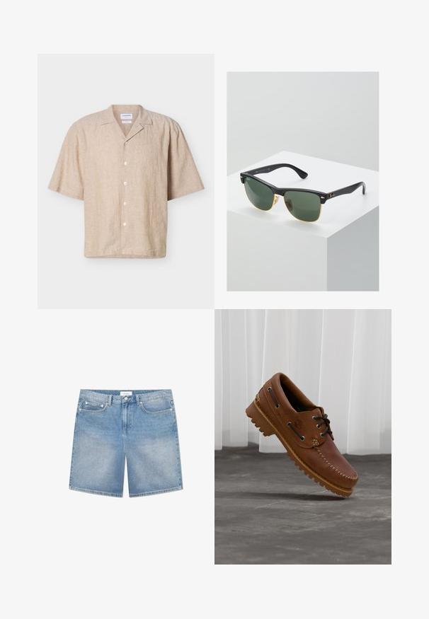 Camisa beige de lino de manga corta con cuello campestre y cinco botones blancos en la parte delantera.; Pantalones cortos de mezclilla azul claro con un corte recto, cinco bolsillos, un ligero desgastado y una etiqueta de marca en la cinturilla. Material de algodón con costuras clásicas.; Zapato náutico de cuero marrón con cordones negros, costuras beige y una suela resistente, suspendido sobre un suelo de hormigón gris.; Gafas de sol Ray-Ban con lentes verdes, montura de plástico negro y acentos dorados en los bordes. Forma cuadrada con acabado mate.