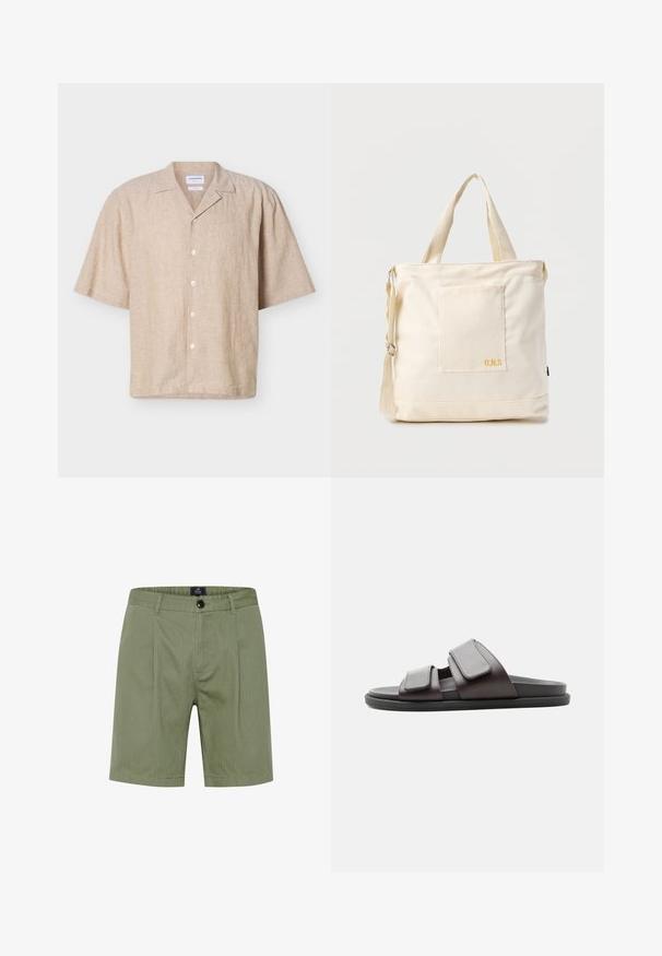 Beige linnen overhemd met korte mouwen, een campkraag en vijf witte knopen aan de voorkant.; Olijfgroene shorts met een op maat gemaakte uitstraling, voorzien van een knoopsluiting, voorzakken en subtiele verticale strepen in een zachte, gestructureerde stof.; Donkerbruine slide-sandaal met twee brede verstelbare klittenbandsluitingen en een zwarte zool, zijaanzicht op witte achtergrond.; Crèmekleurige canvas boodschappentas met voorvak, twee handvatten, verstelbare schouderriem en kleine gele "O.N.S" tekst rechtsonder op het vak.