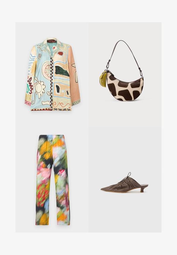 Chemise à manches longues avec boutons, présentant des motifs abstraits colorés incluant des visages, des fleurs, des formes géométriques et des lignes ondulées sur un fond pastel bleu, beige et pêche.; Pantalons légers à motif floral avec une taille élastique, comportant un mélange de couleurs vives incluant le rose, le jaune, le vert et le bleu.; Mule en cuir marron avec un bout pointu, texture froncée, petit talon et un accent de cordon de serrage à l'ouverture. Fini lisse.; Petit sac à main en forme de croissant avec motif girafe marron et beige, fine sangle sombre et petite pochette jaune attachée.