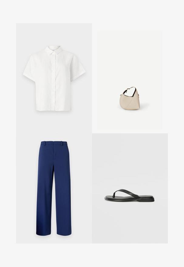 Chemise blanche à manches courtes en lin avec un col pointu et une fermeture à boutons. Elle présente une coupe décontractée et une texture lisse.; Pantalons taillés bleu marine, en tissu lisse, présentant un design à jambe droite, des passants de ceinture et une fermeture éclair à l'avant avec un crochet.; Tongs noires en cuir lisse, avec un design de sangle fine et une semelle plate à profil minimal. Aucun motif ou accent notables.; Sac à main en cuir beige en forme de croissant avec une seule bandoulière et des coutures minimalistes, posé sur un fond blanc uni.