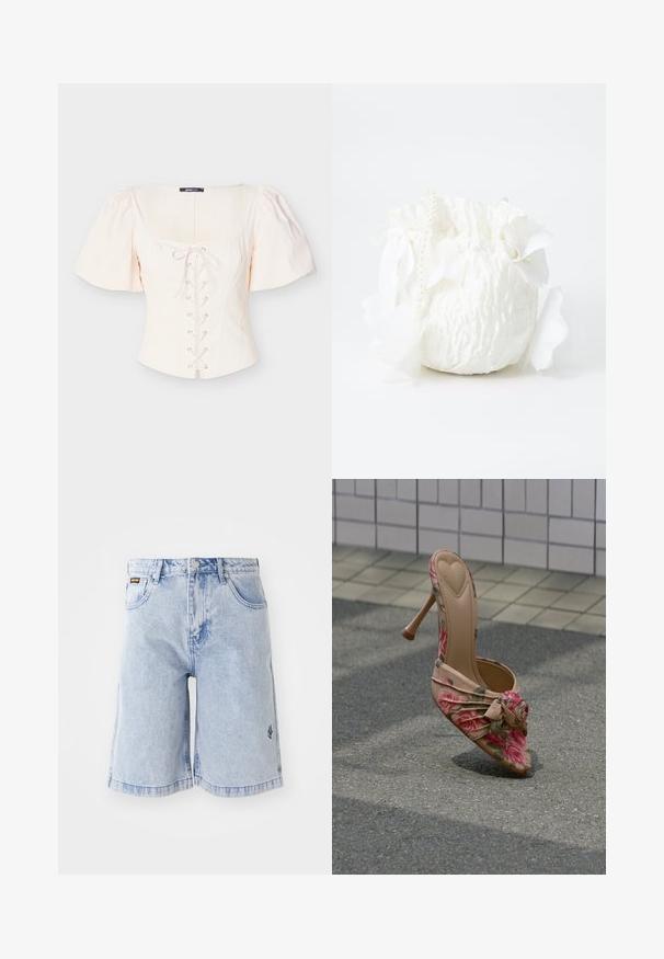 Haut beige clair à manches bouffantes avec un col carré, un devant lacé et des accents à œillets. Confectionné dans un tissu doux et texturé pour le confort.; Shorts en denim bleu clair avec une taille haute, une coupe ample et des poches avant. Coutures décoratives et logo de la marque brodé sur le côté.; Chaussure à talons hauts à imprimé floral, avec un bout pointu, fond nude, et un détail froncé à l'avant, agrémentée d'un accent de rose.; Sac en tissu blanc avec une finition texturée, doté d'un cordon de serrage en haut, de pétales blancs décoratifs et d'une sangle accentuée de perles.