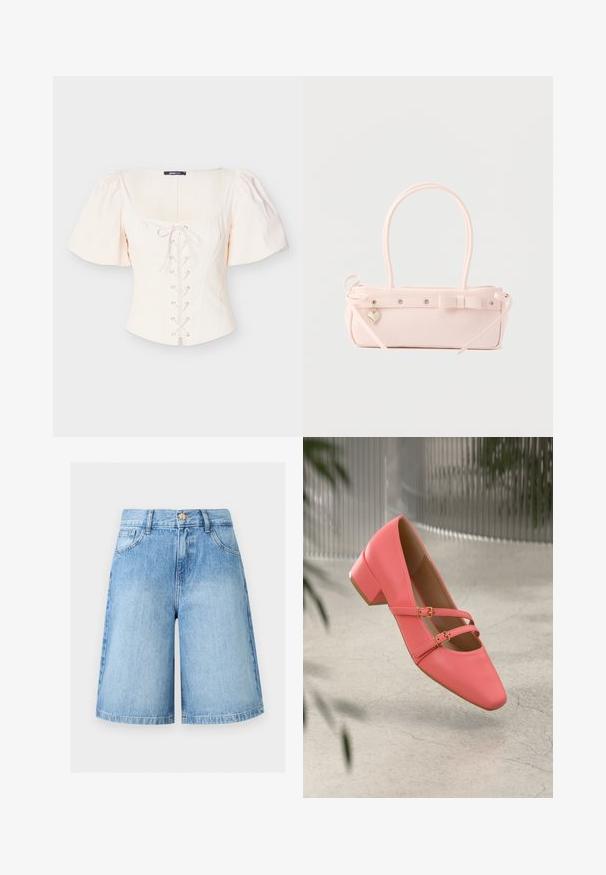 Haut beige clair à manches bouffantes avec un col carré, un devant lacé et des accents à œillets. Confectionné dans un tissu doux et texturé pour le confort.; Shorts en denim bleu clair longueur genou avec poches avant, passants pour ceinture et fermeture par bouton métallique.; Chaussure basse à talon en cuir corail avec un bout pointu, dotée de deux sangles et de boucles en ton doré. Texture lisse, design minimaliste.; Sac à main rectangulaire rose pâle avec double poignée, nœud décoratif, œillets métalliques et petit charm en forme de cœur sur un fond uni.