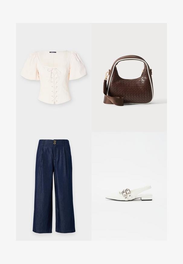 Haut beige clair à manches bouffantes avec un col carré, un devant lacé et des accents à œillets. Confectionné dans un tissu doux et texturé pour le confort.; Pantalon en denim à jambes larges bleu foncé avec fermeture à deux boutons à l'avant, doté de plis, d'une texture lisse et d'un ourlet droit.; Chaussure slingback en cuir blanc avec un bout pointu, accents de boucles en argent et un petit talon bloc. Texture lisse avec un minimum de détails.; Sac à main en cuir tressé marron avec passepoil blanc, fermeture éclair dorée et bandoulière amovible en tissu marron.