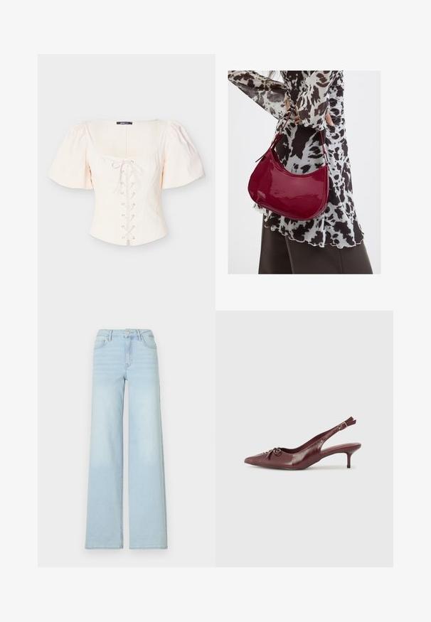 Haut beige clair à manches bouffantes avec un col carré, un devant lacé et des accents à œillets. Confectionné dans un tissu doux et texturé pour le confort.; Jeans wide en denim bleu clair avec un design classique à cinq poches et une fermeture à bouton à l'avant. Présente une légère décoloration sur le devant.; Talons slingback en cuir bordeaux avec un embout pointu, une sangle ajustable et un détail de nœud décoratif à l'avant. Hauteur du talon de 7,5 cm.; Femme portant un chemisier à motif noir et blanc tenant un sac à main rouge brillant sur un fond uni.