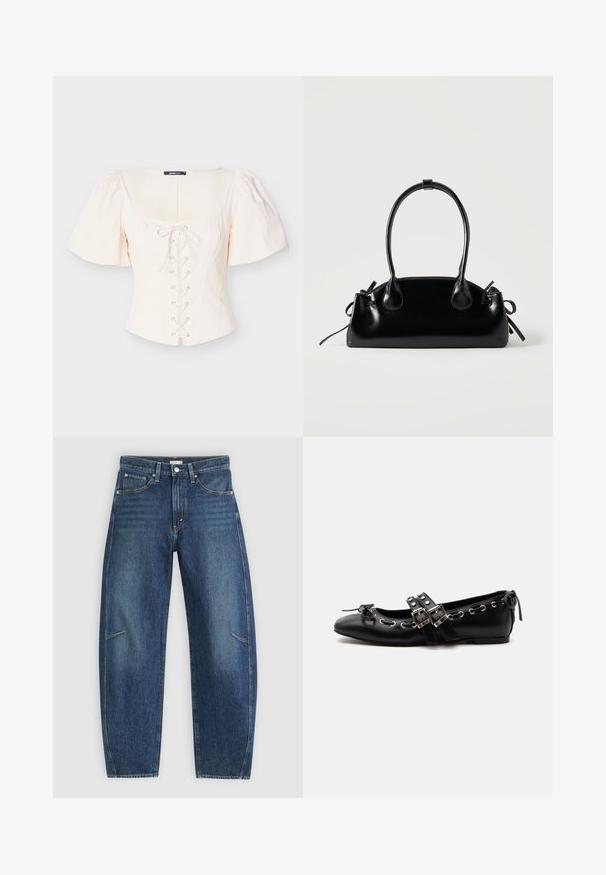 Lysebeige top med puffærmer, firkantet halsudskæring, snøre foran og nitteaccenter. Fremstillet af blødt, struktureret stof for komfort.; Mørkeblå denim jeans med lige ben-design, der har forkæbbes lommer, kontrastsyninger og en subtil falmet tekstur på benene.; Sort flad balletsko med dobbelt spænde, sølvøjer og en lille sløjfe nær den runde tå på en hvid baggrund.; Lille sort blank håndtaske med to lange håndtag og snøre-detaljer i siden på en ensfarvet lys baggrund.