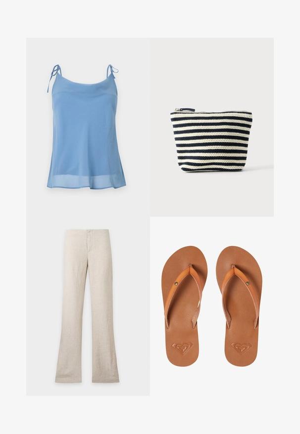 Haut caraco en mousseline bleu clair sans manches avec bretelles fines à nouer et ourlet légèrement évasé sur fond blanc.; Pantalon en lin beige à jambe droite et fermeture avant dissimulée, présenté à plat sur un fond clair uni. Pas de poches ni de détails visibles.; Tongs synthétiques marron avec des sangles orange, surface texturée et détail de logo en forme de cœur embossé sur la semelle.; Petite pochette zippée avec des rayures horizontales noires et blanches en tricot, fond plat et tirette de fermeture éclair visible en haut.