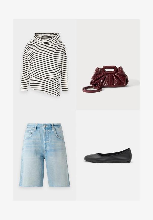 Haut asymétrique à manches longues crème avec des rayures noires, présentant un col haut et un design drapé à l'avant avec une finition texturée.; Shorts en denim bleu clair à taille haute, cinq poches et ourlet brut. Texture douce et coupe classique, adaptés pour une tenue décontractée.; Ballerines en cuir noir avec un bout rond, texture lisse, détails de couture minimalistes et design de semelle flexible.; Petit sac à main en cuir rouge foncé avec texture froncée, poignée rectangulaire découpée pour la main et bandoulière détachable sur fond blanc.