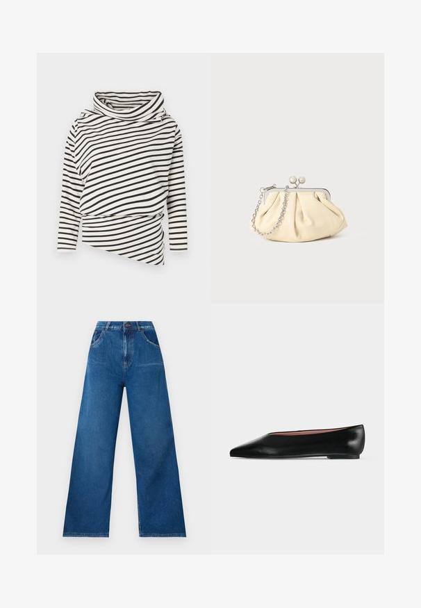Haut asymétrique à manches longues crème avec des rayures noires, présentant un col haut et un design drapé à l'avant avec une finition texturée.; Jean large en denim bleu foncé avec une taille haute, comportant des poches avant et arrière, ainsi que des détails de couture contrastés.; Chaussure plate en cuir noir pour femme, avec bout pointu et petit talon, vue de côté sur un fond gris clair uni.; Pochette en cuir beige plissé avec un cadre en métal argenté, dotée de deux fermoirs ronds décoratifs et d'une chaîne en argent.
