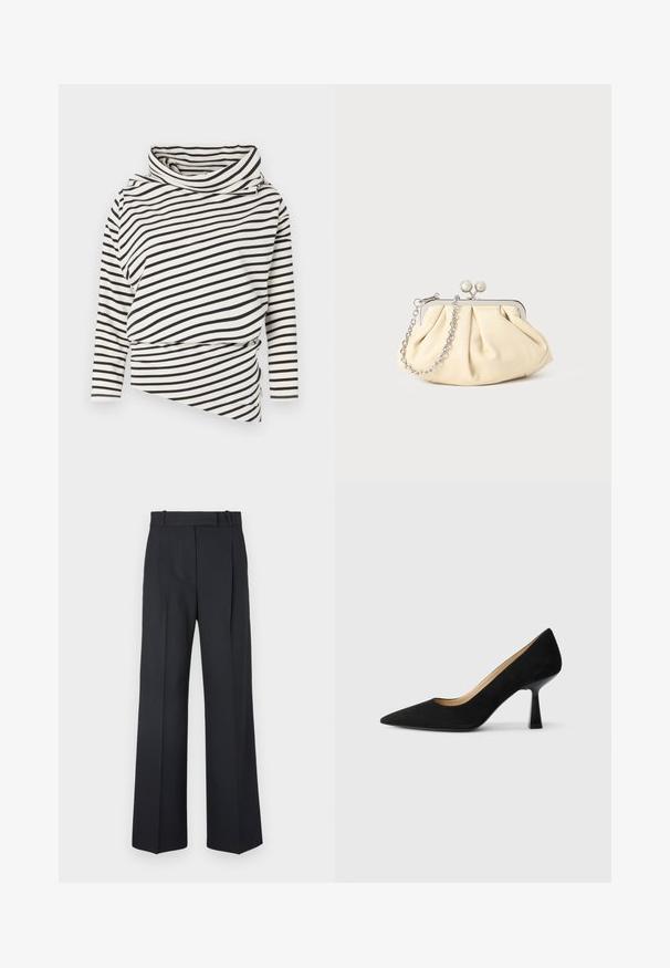 Asymmetrische lange mouw top in crème met zwarte strepen, voorzien van een hoge kraag en een gedrapeerd ontwerp aan de voorkant met een gestructureerde afwerking.; Donkerblauwe pinstriped broek met een hoge taille, wijde pijpen en zonder zichtbare hardware of versieringen. Glad textuur en nauwkeurige pasvorm.; Zwarte suède high-heeled pump met een spitse neus, voorzien van een glanzende zwarte blokhak en een gladde binnenvoering.; Geplooide beige leren clutch met een zilveren metalen frame, voorzien van twee ronde decoratieve sluitingen en een zilveren kettingriem.