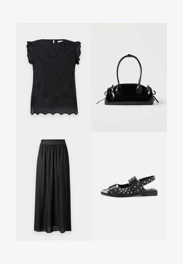 Haut noir à manches courtes avec broderies florales et détails en œillets, col rond et ourlet festonné.; Jupe noire mi-longue en tissu léger, dotée d'une taille élastique et d'une silhouette fluide avec une texture douce.; Chaussures slingback noires avec des accents cloutés, dotées d'un talon plat, d'un bout métallisé et de brides à boucle réglables. Détail de quincaillerie décoratif présent.; Petit sac à main noir brillant avec deux longues anses et des détails à cordon sur les côtés sur un fond clair uni.
