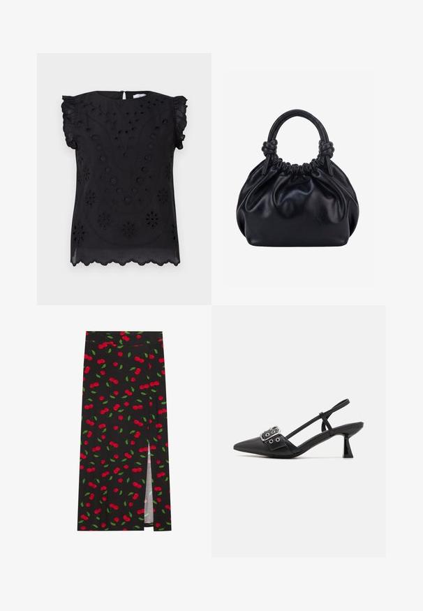 Haut noir à manches courtes avec broderies florales et détails en œillets, col rond et ourlet festonné.; Jupe noire avec un motif de cerises comprenant des cerises rouges et des feuilles vertes. Inclut une fente latérale pour un détail de design supplémentaire.; Simmi London DALA - Escarpins - black; Sac à main en cuir noir souple avec le dessus froncé et deux grosses poignées nouées sur un fond uni clair.
