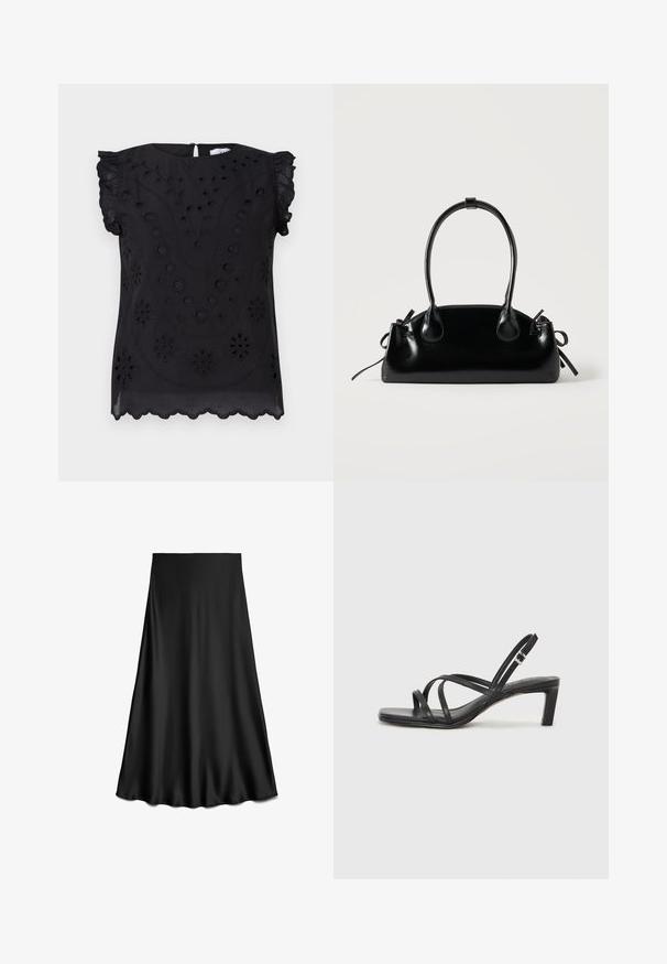 Top negro de manga corta con bordado floral y detalles de ojales, con un escote redondo y un dobladillo con forma de ondas.; Falda negra de satén en línea A con textura suave y dobladillo fluido, hasta la rodilla, mostrada sobre un fondo blanco.; Sandalia negra de tiras con punta cuadrada y tacón bajo de bloque. Presenta múltiples tiras delgadas y una correa ajustable en el tobillo. Fabricada en cuero suave.; Pequeño bolso negro brillante con dos asas largas y detalles de cordón lateral sobre un fondo claro liso.