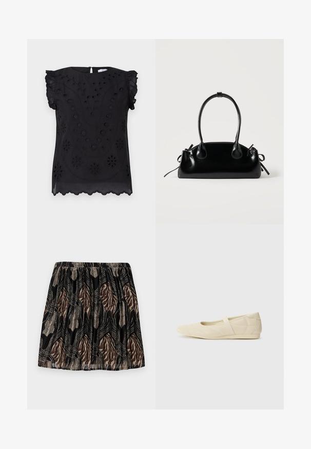 Top negro de manga corta con bordado floral y detalles de ojales, con un escote redondo y un dobladillo con forma de ondas.; Falda negra con una cintura fruncida, que presenta un patrón abstracto en tonos marrón y beige, acentuada con líneas y texturas metálicas.; Bailarinas beige con un exterior de cuero liso, punta en forma de almendra y una correa elástica en el empeine, con detalles de costura sutiles.; Pequeño bolso negro brillante con dos asas largas y detalles de cordón lateral sobre un fondo claro liso.